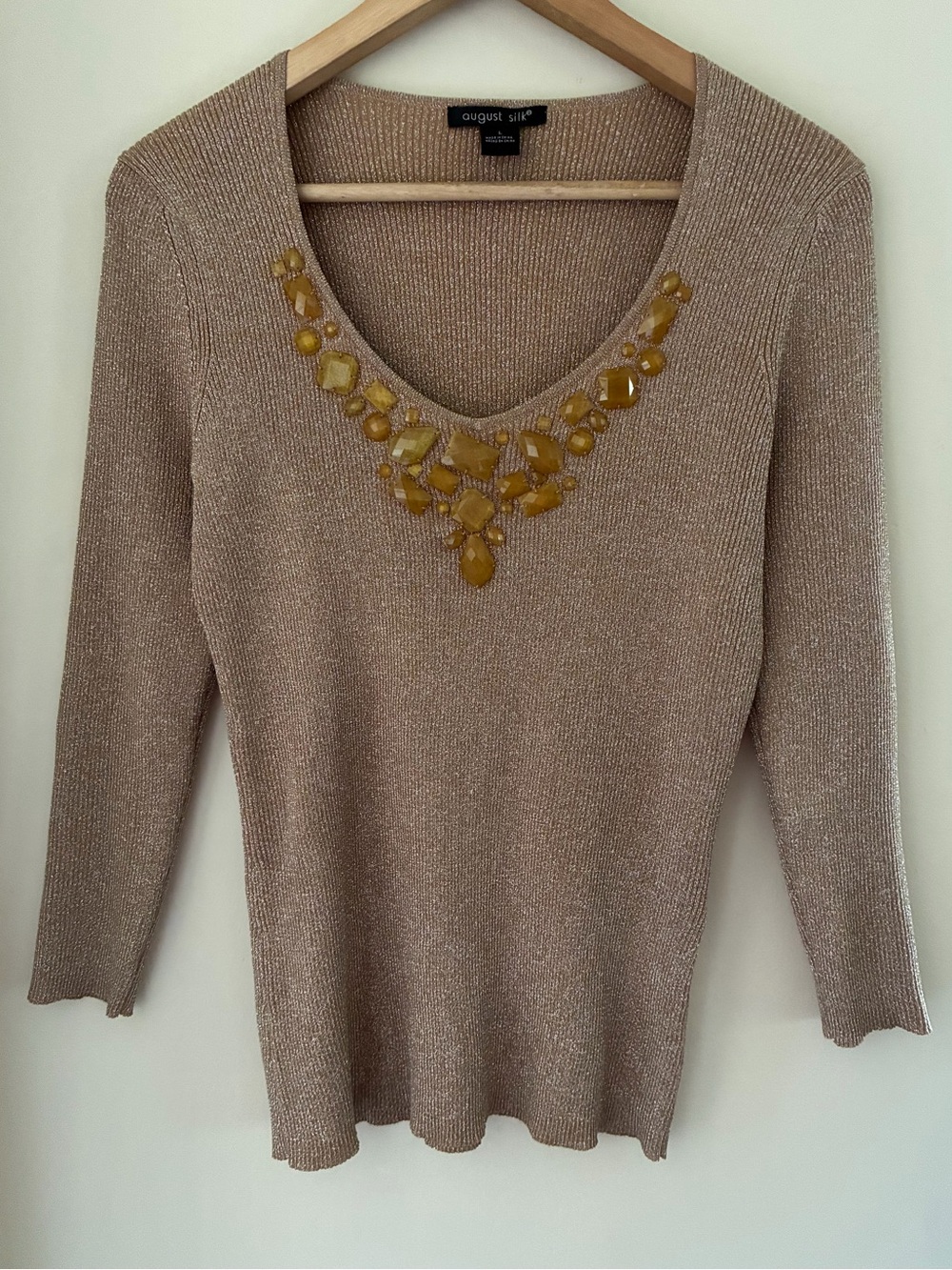 August Silk Gold Metallic Knit Gemstone Scoop Neck Top L 3/4 Sleeve Minimalist
